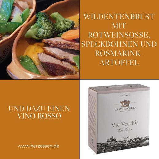 Wildentenbrust mit Rotweinsoße, Speckbohnen und Rosmarinkar